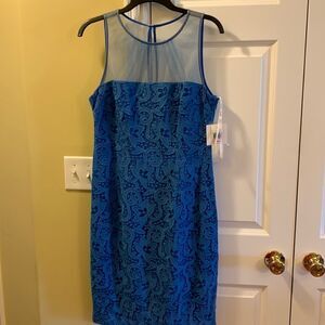 Maggy London size 10 blue lace dress w/sheer above bustline. Royal blue lining